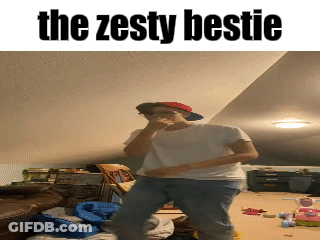 A Man Is Dancing In A Room With The Words The Zesty Bestie On The Bottom GIF