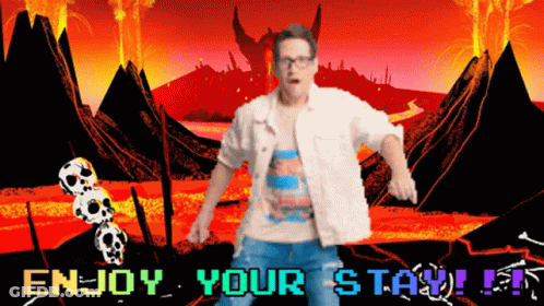 A Man Is Dancing In A Video Game With The Words Enjoy Your Stay Written In Green GIF