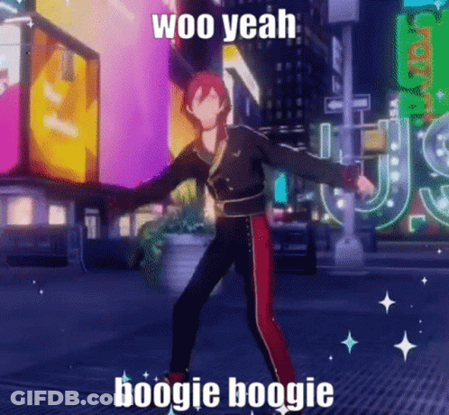 A Man Is Dancing In A Video Game With The Words Woo Yeah Boogie Boogie On The Bottom . GIF
