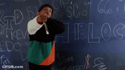 A Man Is Dancing In Front Of A Blackboard That Says " Blocc " GIF