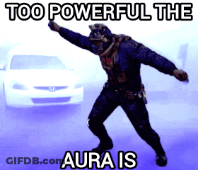 A Man Is Dancing In Front Of A Car With The Words Too Powerful The Aura Is GIF