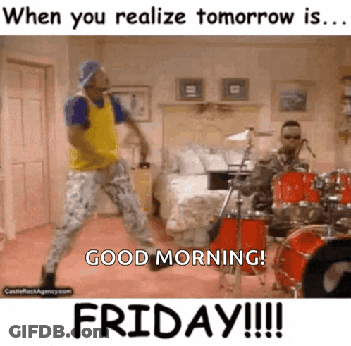 A Man Is Dancing In Front Of A Drum Set And Says Good Morning Friday GIF