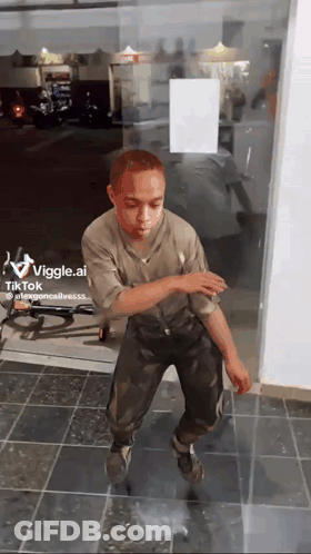 A Man Is Dancing In Front Of A Glass Door With A Tiktok Watermark On The Bottom Right GIF