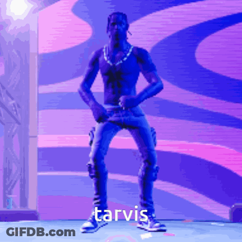 A Man Is Dancing In Front Of A Purple Background And The Word Tarvis Is Above Him GIF