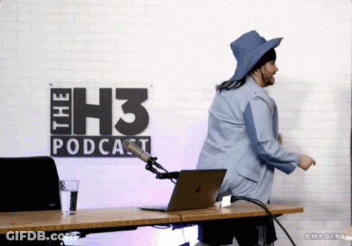 A Man Is Dancing In Front Of A Sign That Says " The H3 Podcast " GIF