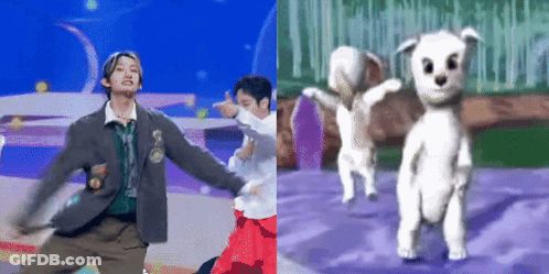 A Man Is Dancing Next To A Picture Of A White Dog Dancing . GIF