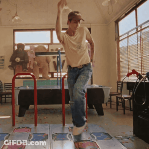 A Man Is Dancing On A Dance Mat In A Room With A Sign On The Wall That Says TV GIF