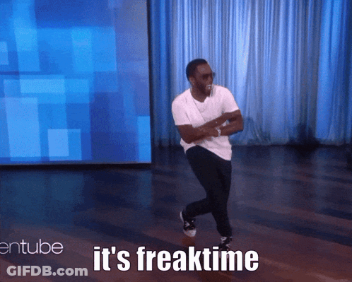A Man Is Dancing On A Stage With The Words " It 'S Freaktime " Behind Him GIF