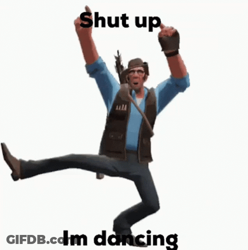 A Man Is Dancing With His Arms In The Air And The Words `` Shut Up I 'M Dancing '' Below Him . GIF