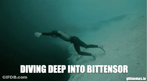 A Man Is Diving Deep Into The Ocean With The Words Diving Deep Into Bittensor Below Him GIF