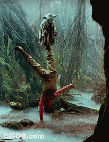 A Man Is Doing A Handstand In A Swamp While Holding A Toy Yoda GIF