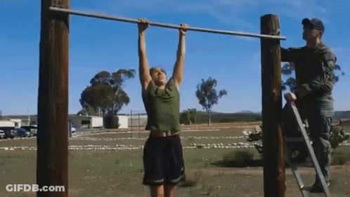 A Man Is Doing A Pull Up On A Pole GIF
