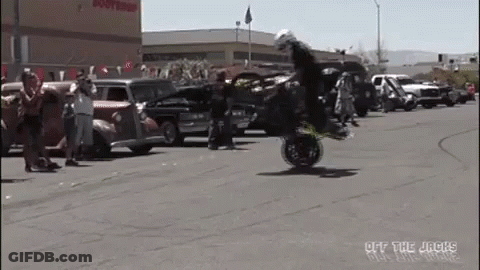 A Man Is Doing A Trick On A Motorcycle In Front Of A Crowd Of People . GIF