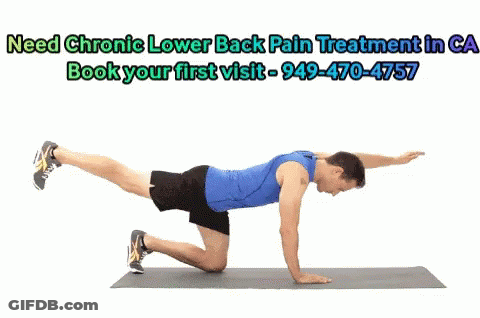 A Man Is Doing Exercises On A Mat With The Words Need Chronic Lower Back Pain Treatment In Ca Book Your First Visit GIF