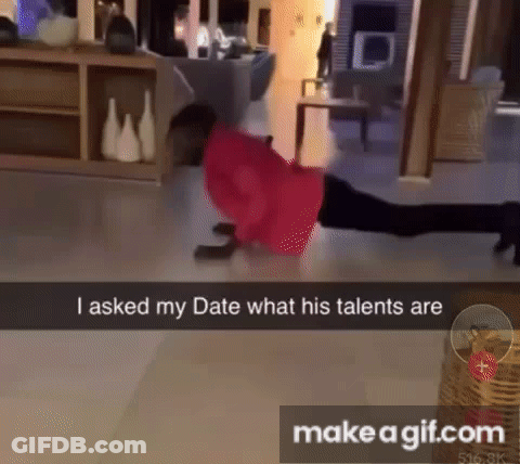 A Man Is Doing Push Ups On The Floor In A Living Room And Says I Asked My Date What His Talents Are GIF