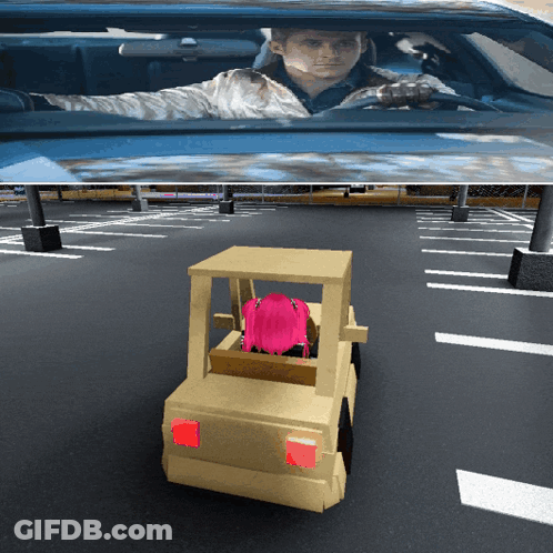 A Man Is Driving A Car In A Parking Lot With A Girl In The Back Seat GIF