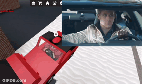 A Man Is Driving A Car In A Video Game With A Red Truck Behind Him GIF