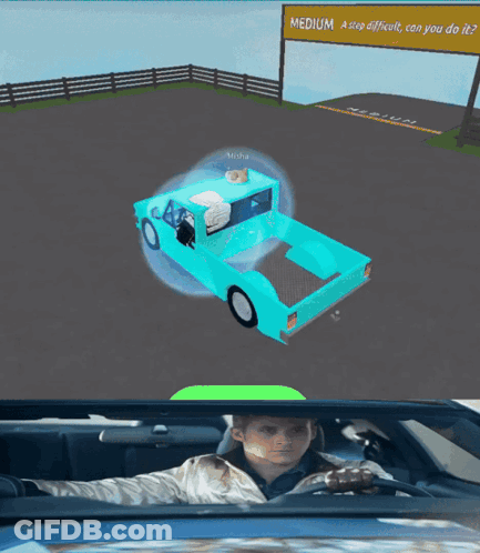 A Man Is Driving A Car In Front Of A Sign That Says Medium A Step Difficult Can You Do It GIF