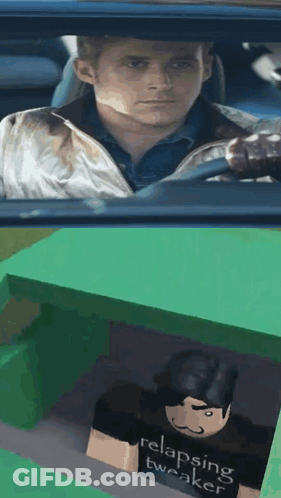 A Man Is Driving A Car Next To A Picture Of A Roblox Character That Says Relapsing Tweaker . GIF