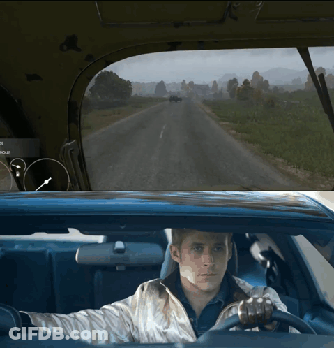 A Man Is Driving A Car With A Dashboard That Says ' Route ' On It GIF