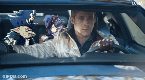 A Man Is Driving A Car With A Luma Logo On The Bottom GIF