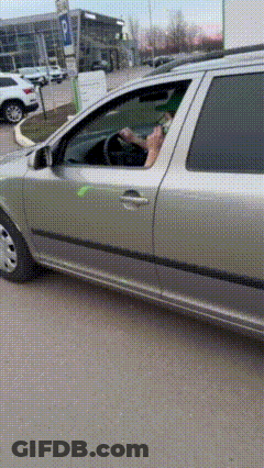 A Man Is Driving A Car With His Hand Out The Window . GIF
