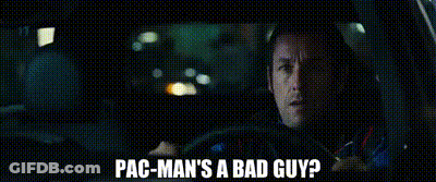 A Man Is Driving A Car With The Words `` Pac-Man 'S A Bad Guy '' Written On The Screen . GIF