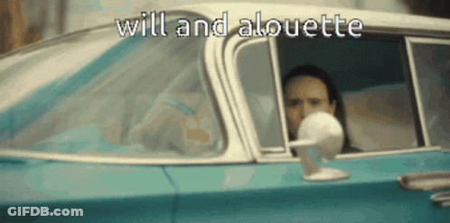 A Man Is Driving A Car With The Words Will And Alouette Written On The Side GIF