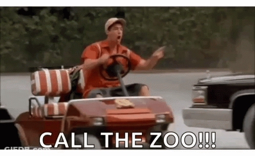 A Man Is Driving A Golf Cart And Pointing At A Car . GIF
