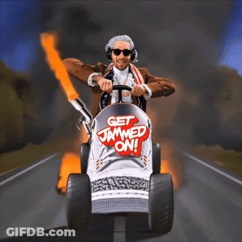 A Man Is Driving A Lawn Mower With The Words Get Jammed On On The Side GIF