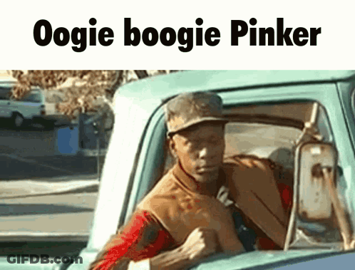 A Man Is Driving A Truck With The Words Oogie Boogie Pinker On The Bottom GIF