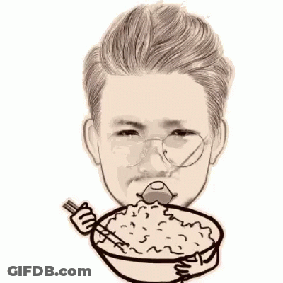 A Man Is Eating A Bowl Of Rice With A Spoon And Fork . GIF