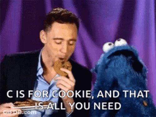 A Man Is Eating A Cookie Next To A Cookie Monster That Says `` C Is For Cookie And That Is All You Need '' . GIF