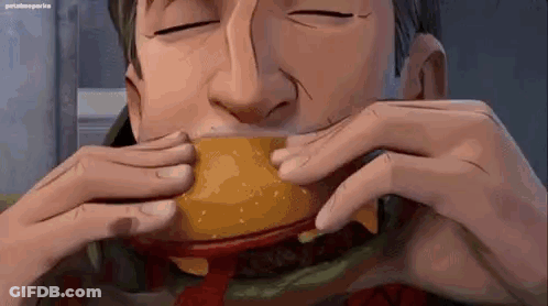 A Man Is Eating A Hamburger With His Eyes Closed And His Mouth Open . GIF