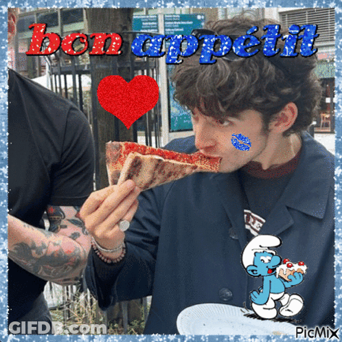 A Man Is Eating A Slice Of Pizza With A Smurf On His Shirt GIF