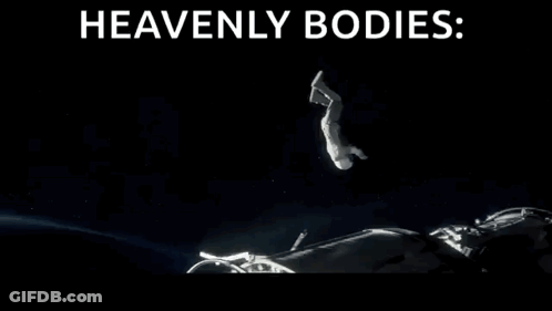 A Man Is Falling Through The Air With The Words " Heavenly Bodies " Written Above Him GIF