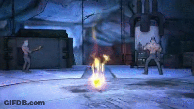A Man Is Fighting Another Man In A Video Game With A Fireball In The Background . GIF