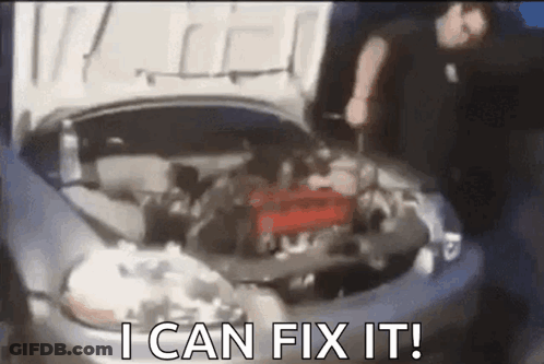 A Man Is Fixing The Engine Of A Car With The Hood Open . GIF
