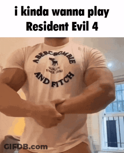 A Man Is Flexing His Muscles While Wearing A White Shirt That Says Abercrombie And Fitch GIF