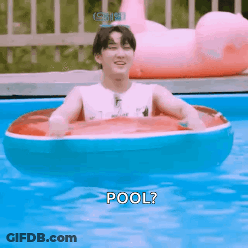 A Man Is Floating In An Inflatable Raft In A Swimming Pool And Asking , `` Pool ? '' GIF