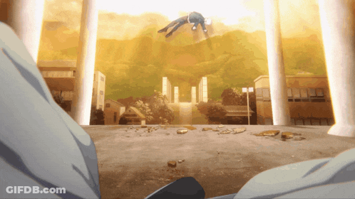 A Man Is Flying Through The Air In A Cartoon GIF