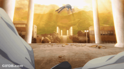 A Man Is Flying Through The Air In A Cartoon GIF