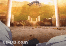 A Man Is Flying Through The Air In A Cartoon . GIF