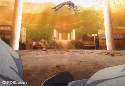 A Man Is Flying Through The Air In Front Of A Building In A City . GIF