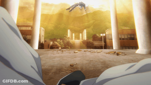 A Man Is Flying Through The Air In Front Of A Building With A Mountain In The Background GIF