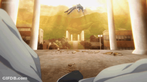 A Man Is Flying Through The Air In Front Of A Building With A Sunset In The Background GIF