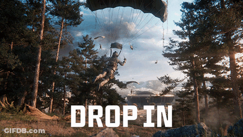 A Man Is Flying Through The Air With A Parachute And The Words Drop In Below Him GIF