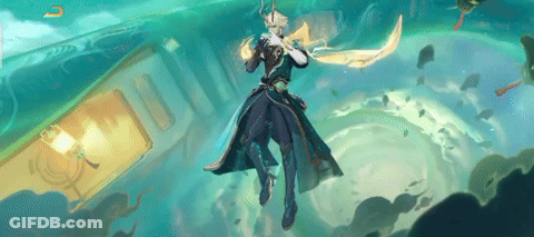A Man Is Flying Through The Air With A Sword . GIF