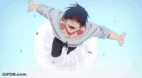 A Man Is Flying Through The Air With His Arms Outstretched And Screaming . GIF