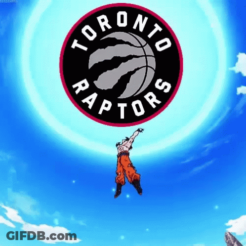 A Man Is Flying Through The Air With The Toronto Raptors Logo In The Background GIF